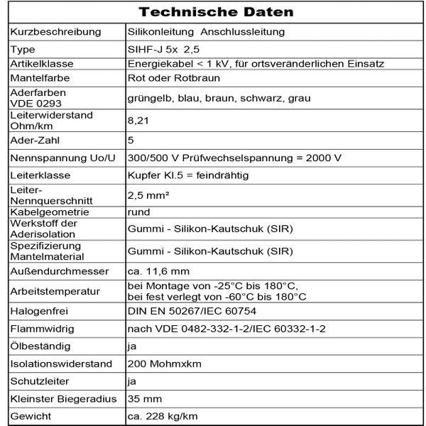 Tabelle mit technischen Daten zur Silikonanschlussleitung SIHF-J 5x 2,5 für den Einsatz unter extremen Temperaturbedingungen.
