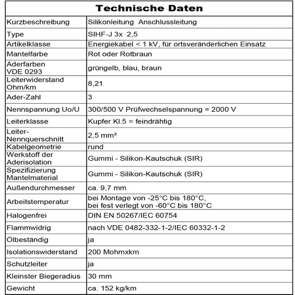 Technische Datentabelle für Silikonanschlussleitung SIHF-J 3 mal 2,5 Millimeterquadrat.