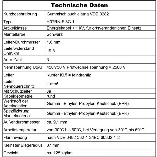 Tabelle mit technischen Daten zur Gummischlauchleitung H07RN-F 3G 1 mit Details zu Spannung, Material, Aderanzahl und Temperaturbereich.