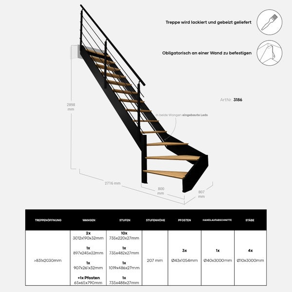 Spectra – 1/4 gewendelte Treppe nach links mit eingebauten LEDs und Geländer, Schwarz