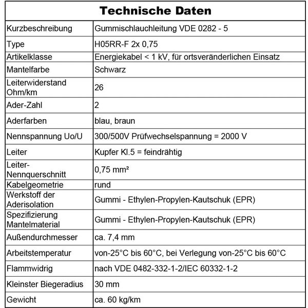 Technische Daten für Gummischlauchleitung H05RR-F 2x0,75, Energiekabel für ortsveränderlichen Einsatz, Außendurchmesser circa 7,4 Millimeter.