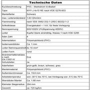 Tabelle mit technischen Daten für Starkstrom-Erdkabel aus Polyvinylchlorid NYY-J 4 mal 10 Quadratmillimeter rund eindrähtig.