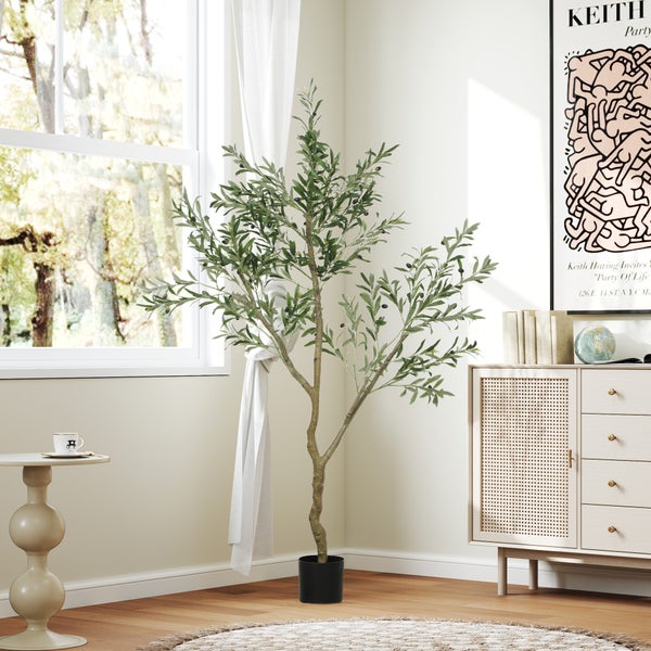 HOMCOM Künstlicher Olivenbaum groß 180 cm Kunstpflanze Künstliche Pflanzen Olivenbaum im Topf, Kunstbaum wie echt mit Kunstgras, Kunstmoos für Wohnzimmer Büro Schlafzimmer Garten