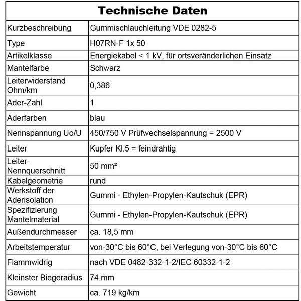 Tabelle mit technischen Daten für Gummischlauchleitung H07RN-F 1 mal 50, inklusive Angaben zu Material, Spannung, Temperaturbereich und Maßen.