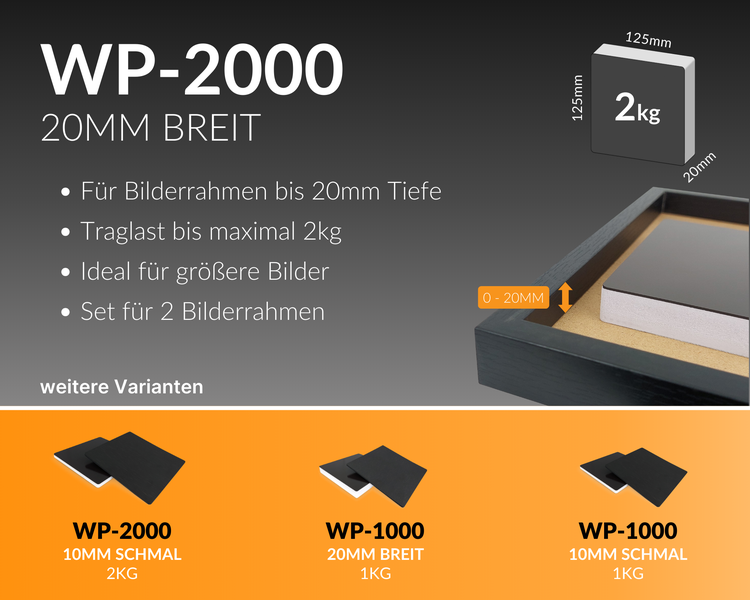 WallPad Pro - Bilder montieren ohne Bohren, 2 Stück, 20mm, 2kg Belastung