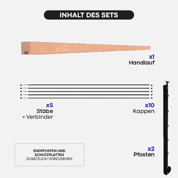 INITIO – montagefertiges Geländerset 2m aus Aluminium, Handlauf Buche, Seitliche Befestigung, Farbe Schwarz