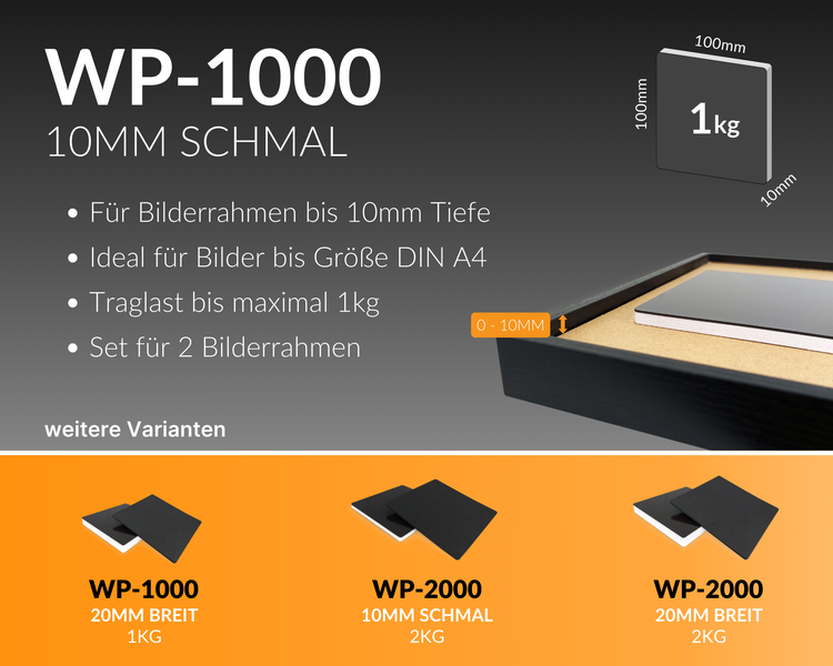 WallPad Pro - Bilder montieren ohne Bohren, 2 Stück, 10mm, 1kg Belastung