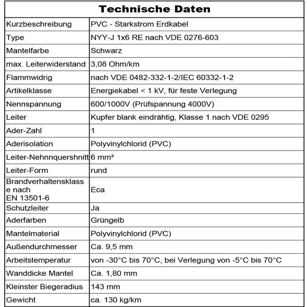 Technische Daten für das PVC Starkstrom Erdkabel NYY-J 1x6 RE mit Details zu Leiterquerschnitt, Mantelmaterial und Temperaturbereich.