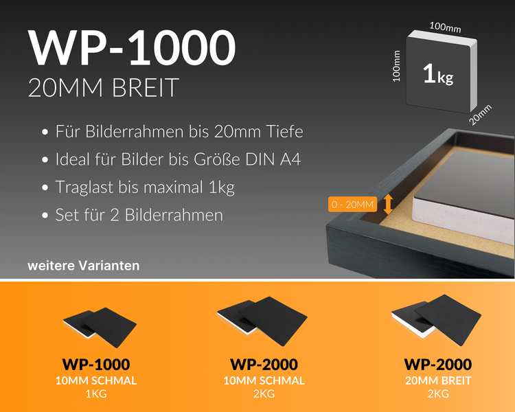 WallPad Pro - Bilder montieren ohne Bohren, 2 Stück, 20mm, 1kg Belastung