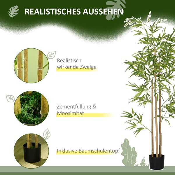 HOMCOM Künstliche Pflanzen, Kunst Bambus, 180 cm Kunstpflanze mit 830 Blätter, Zimmerpflanze, Kunstbaum, Pflanze Deko für Indoor, Grün