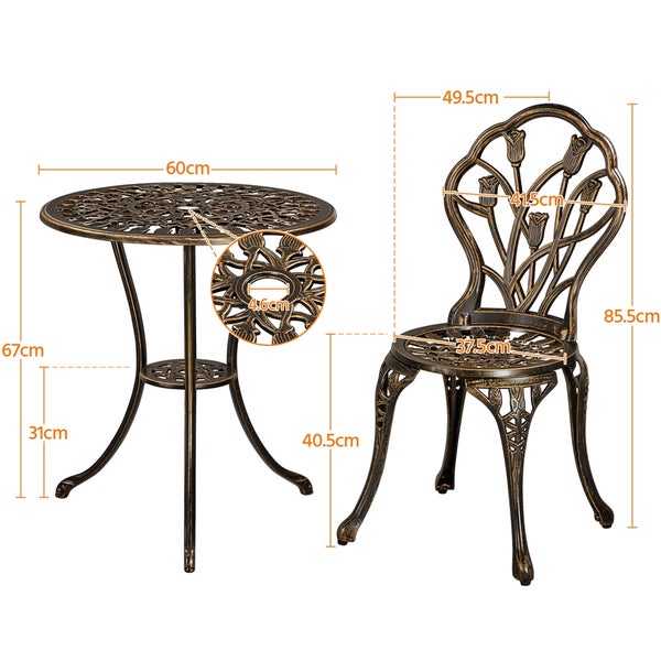 Bistro-Set aus Metall mit rundem Tisch und Stuhl mit Tulpen-Dekor inklusive Maßangaben in Zentimetern.
