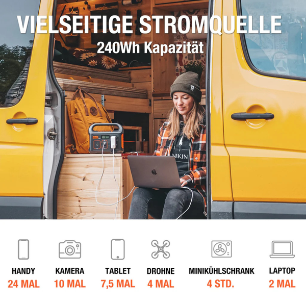 Frau mit Laptop in gelbem Van, Stromquelle mit 240Wh Kapazität